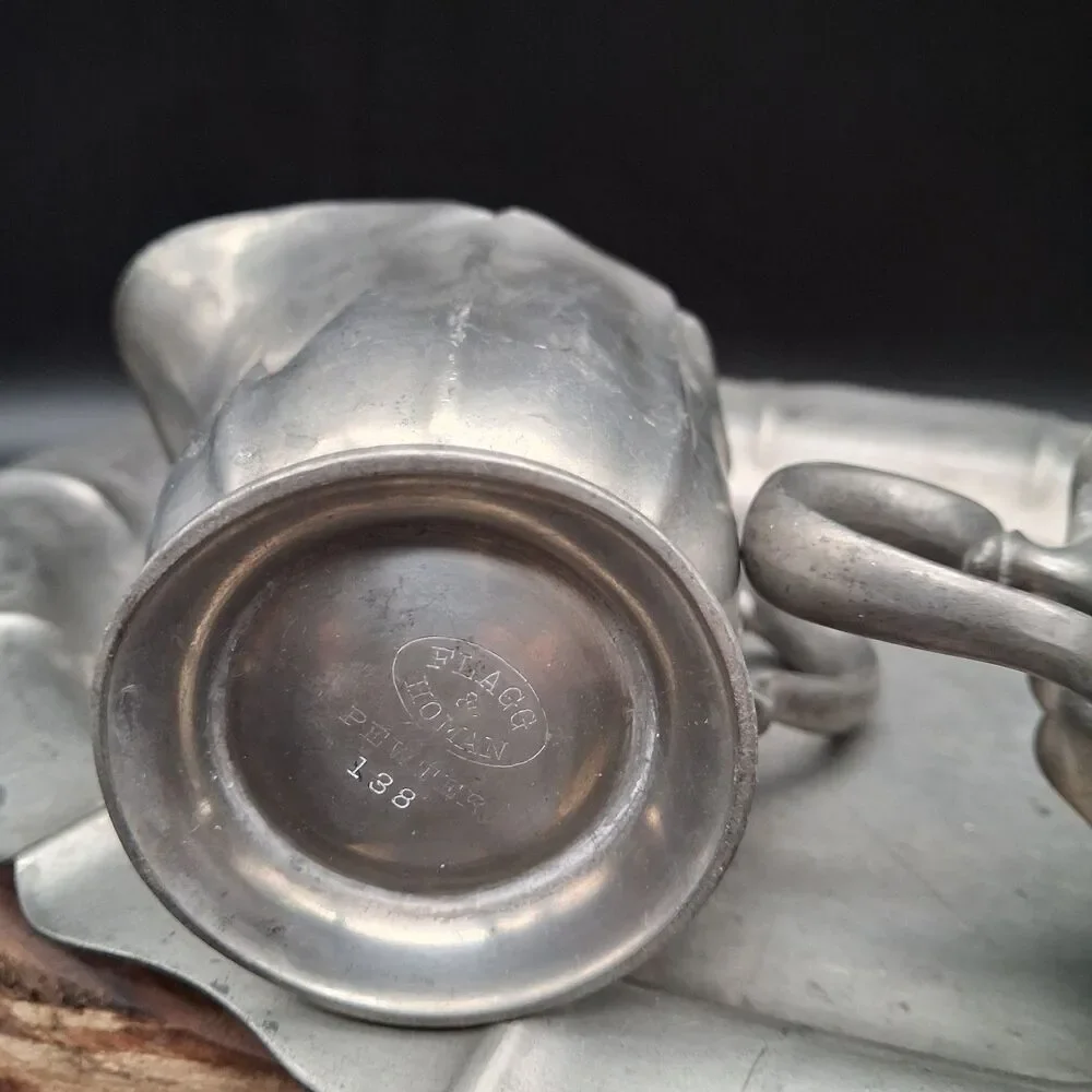 Vtg Flagg & Homan Pewter Creamer Sugar Tray Set #138 Colonial Farmhouse Serving